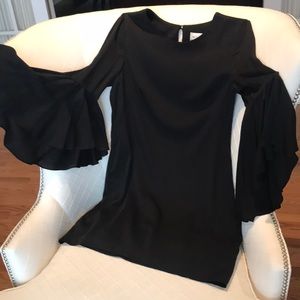 Milly black silk mini dress with bell sleeves